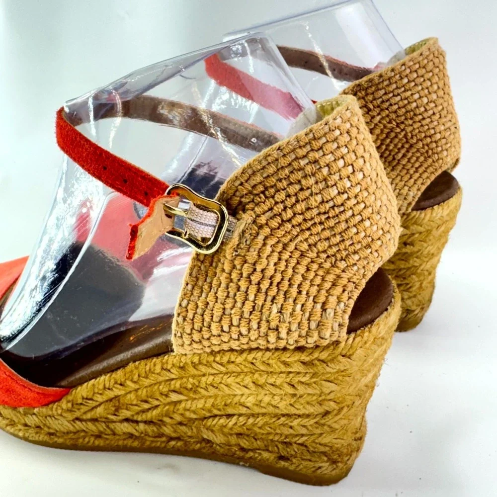 Gaimo Espadrilles Wedge Sandals Womens Size 38 Coral Suede Slingback Ankle Strap